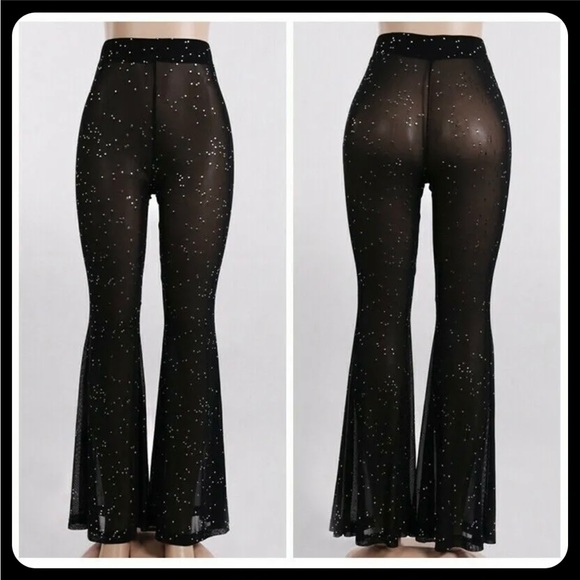Black Sheer Studded Flared Pants - Picture 2 of 3